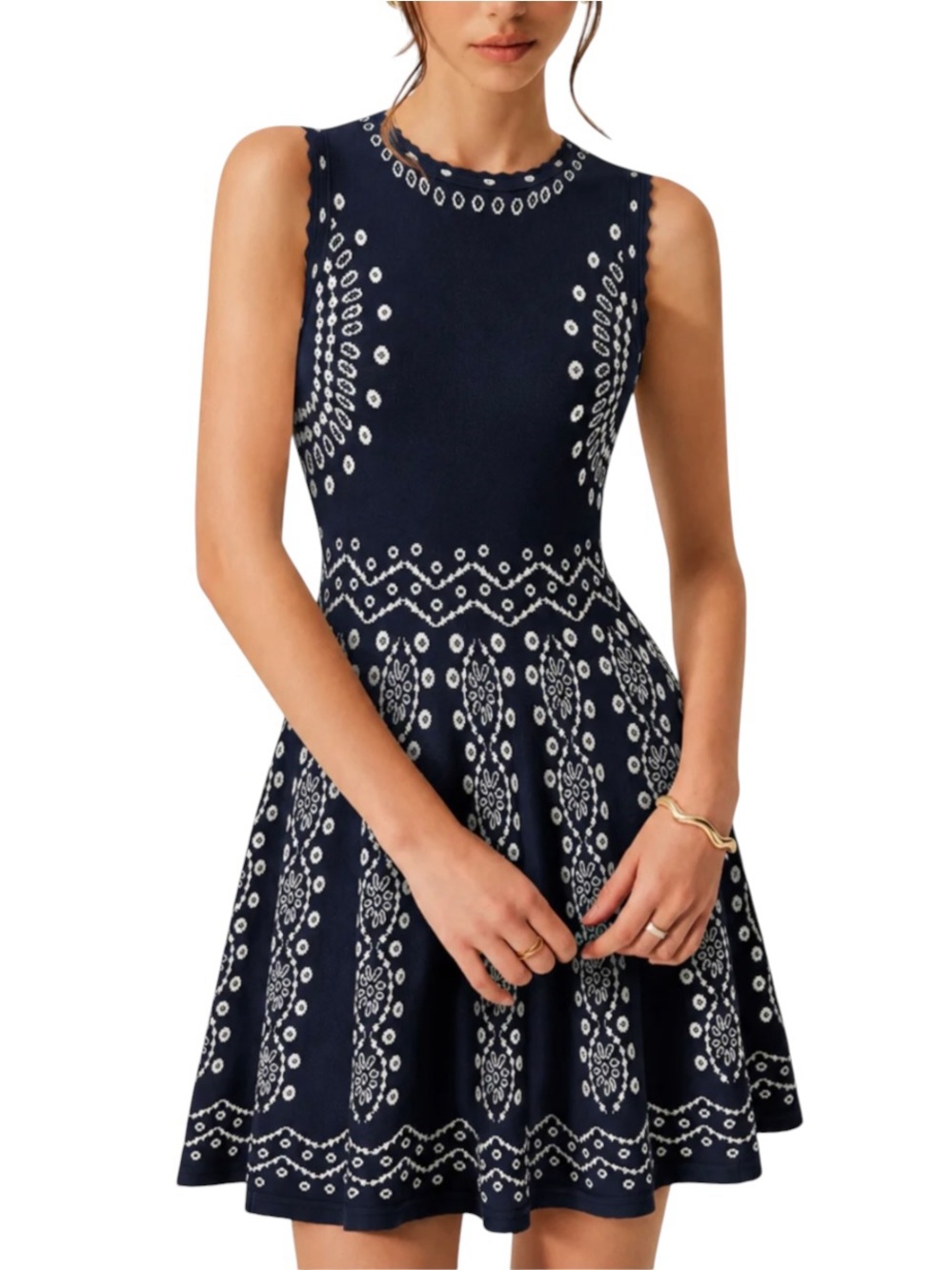 Commense Dark Navy Blue White Fit-and-Flare Knit Mini Dress Small NWT